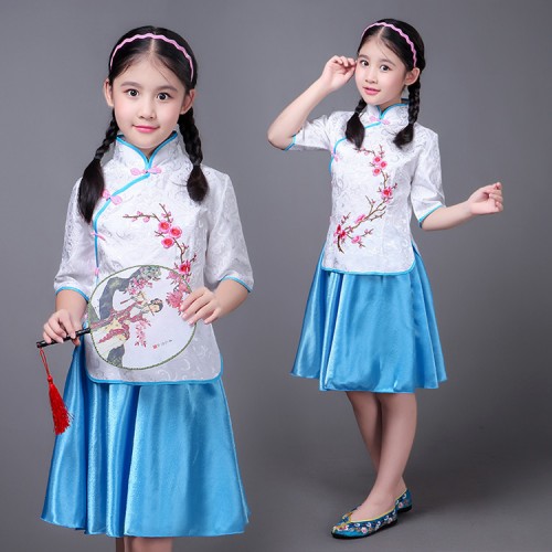 Chinese folk dance princess dress  for children girls photos drama cosplay hanfu students china style cheongsam dress guzheng costumes